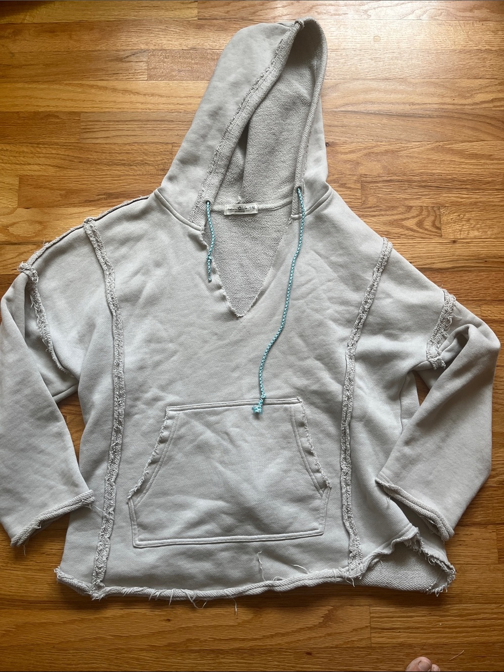 Light Gray Frayed Hoodie with V-Neck and Kangaroo Pocket